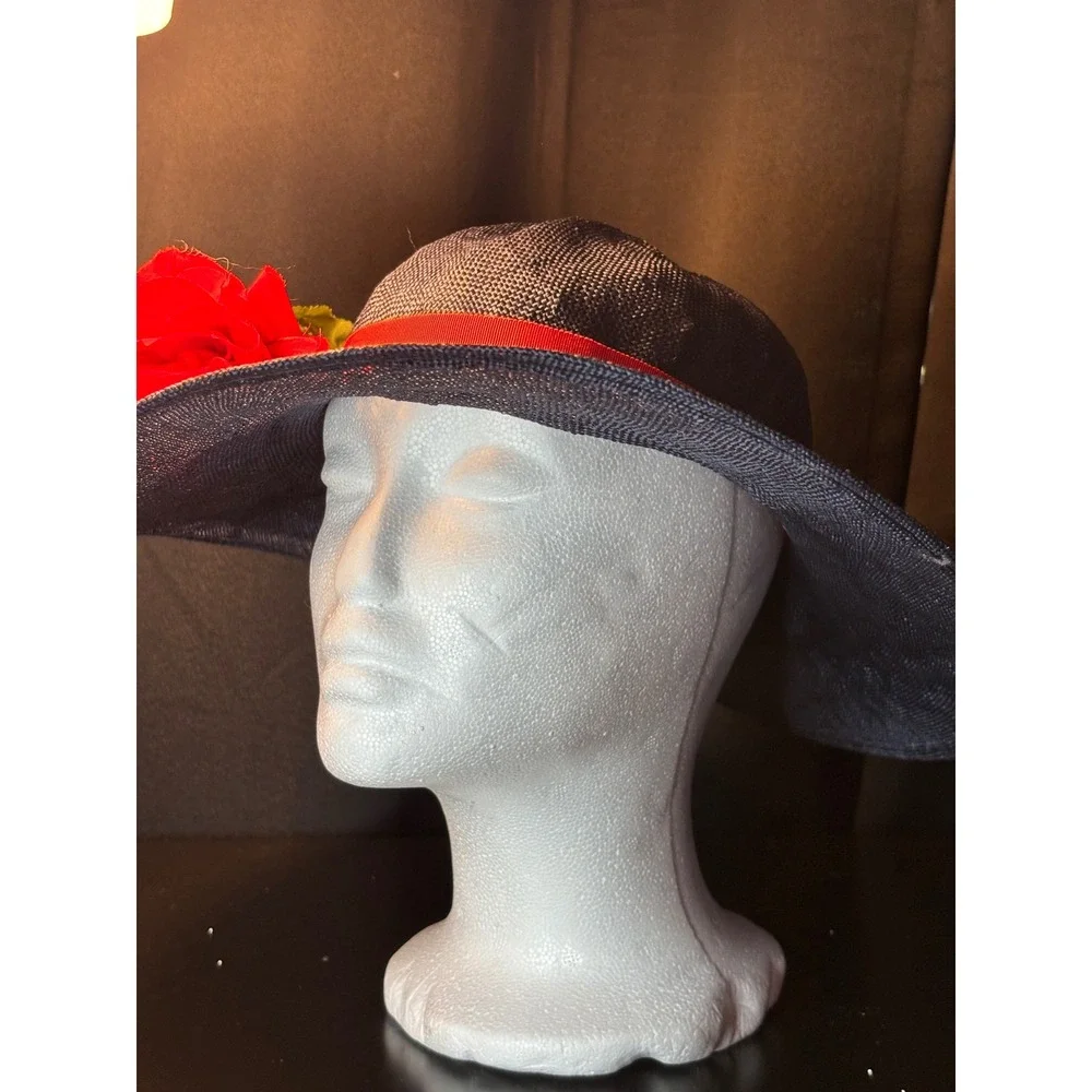 Career Collection Navy Blue Wide Brim Sun Hat Red Rose Accent Straw Style Hat
